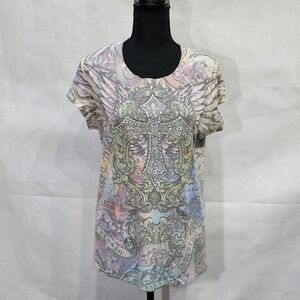 Stretch Tattoo Art & Rhinestone Cross T-Shirt 92% Polyester 8% Spandex Size M